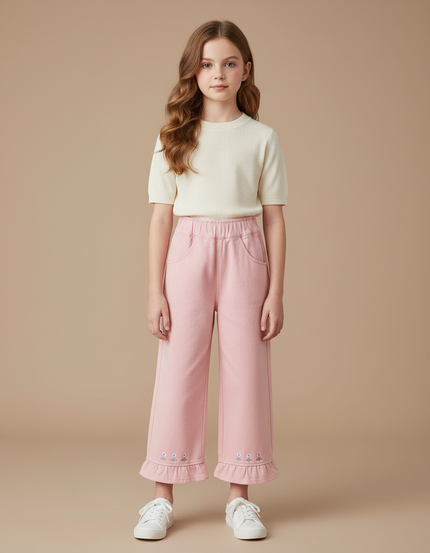 Pantalon Fluide Rose Ample Brodé Volants Fille - Molleton
