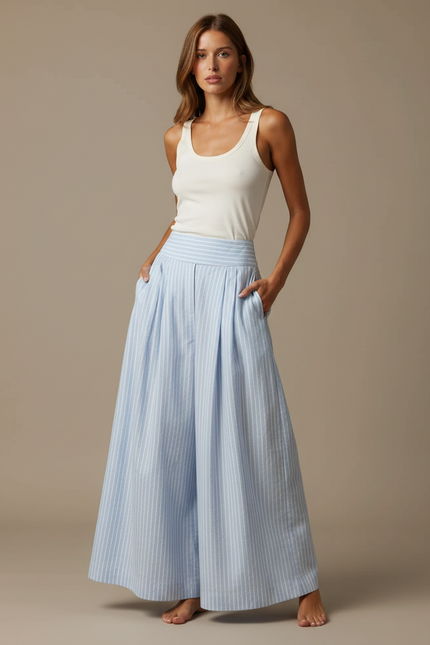Pantalon Fluide Bleu Ciel Rayé Ample Plissé - Lin
