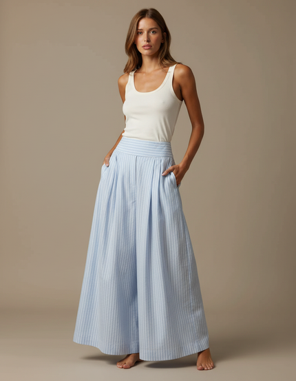 Pantalon Fluide Bleu Ciel Rayé Ample Plissé - Lin