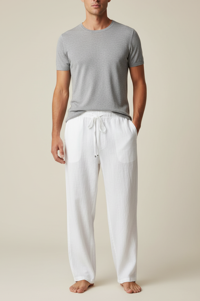 Pantalon Fluide Homme Blanc Coupe Ample - Lin
