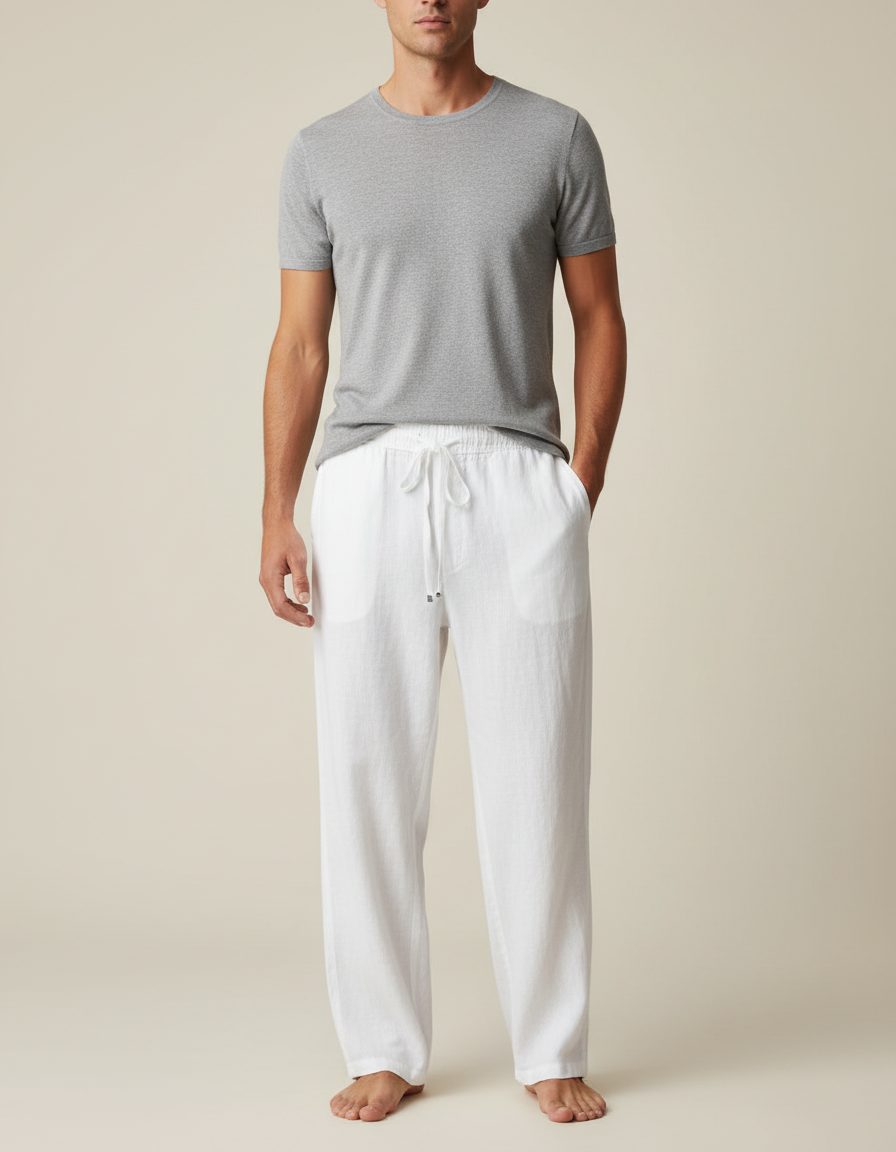 Pantalon Fluide Homme Blanc Coupe Ample - Lin