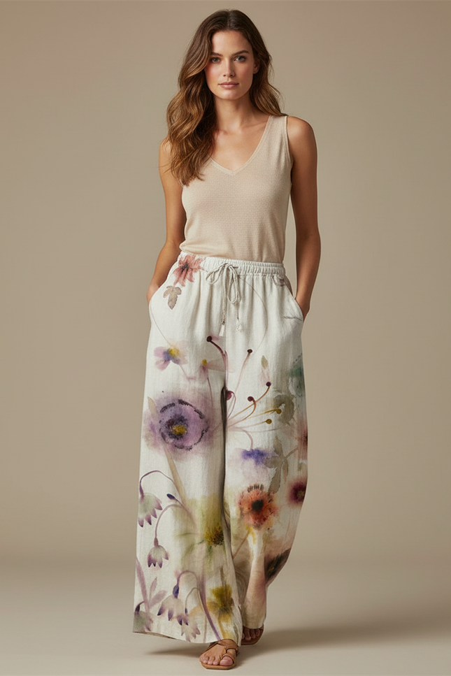 Pantalon Fluide Imprimé Floral Ample Lin Décontracté - Multicolore