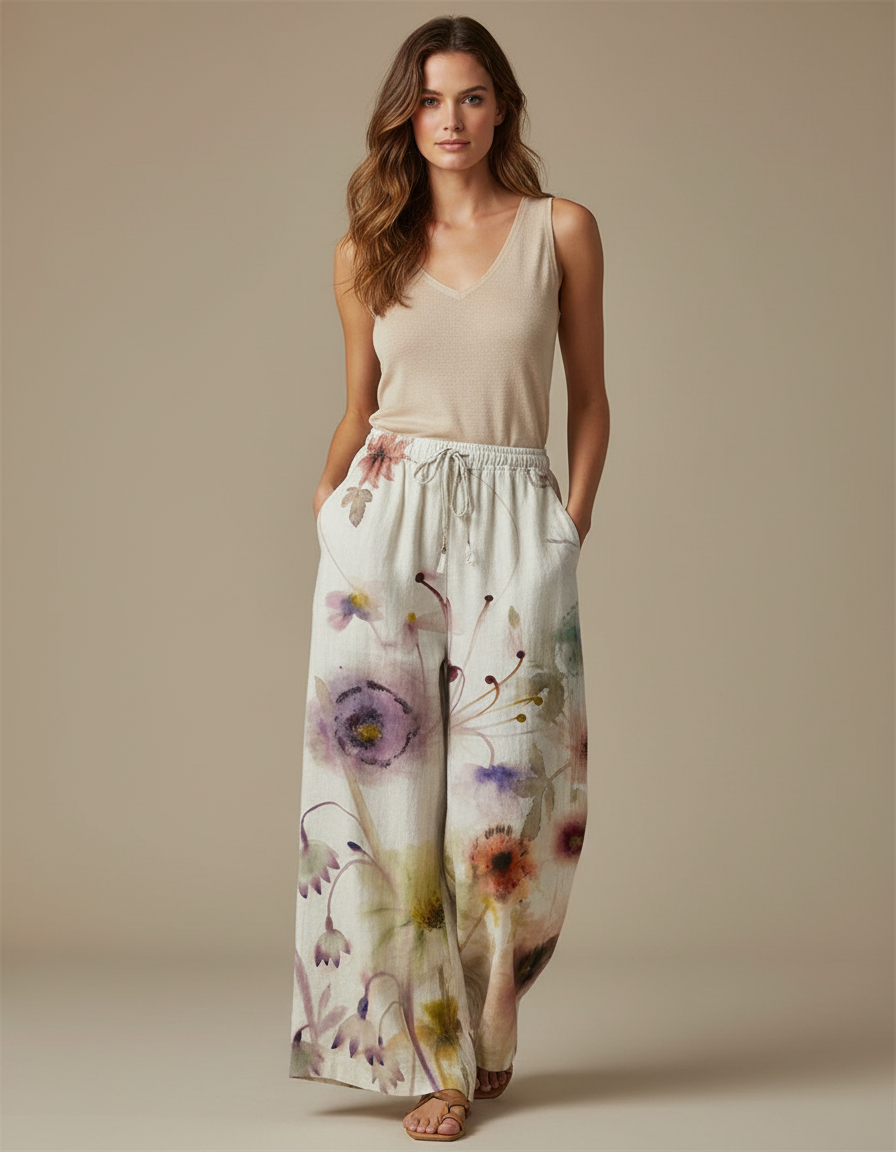Pantalon Fluide Imprimé Floral Ample Lin Décontracté - Multicolore