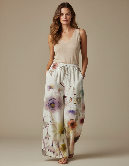 Pantalon Fluide Imprimé Floral Ample Lin Décontracté - Multicolore