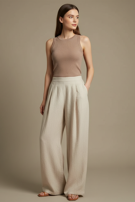 Pantalon Fluide Beige Large Taille Haute Décontracté Lin