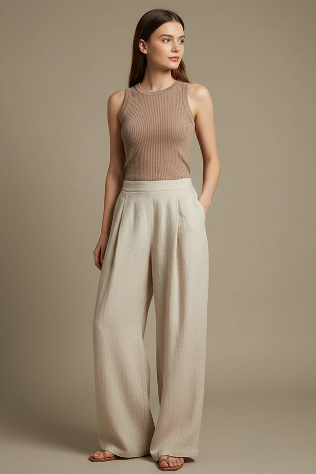 Pantalon Fluide Beige Large Taille Haute Décontracté Lin