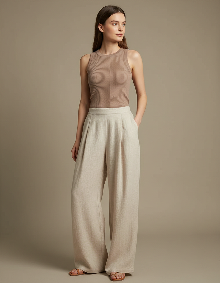 Pantalon Fluide Beige Large Taille Haute Décontracté Lin