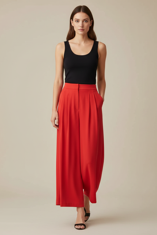 Pantalon Fluide Rouge Ample Plissé Décontracté Élégant - Polyester