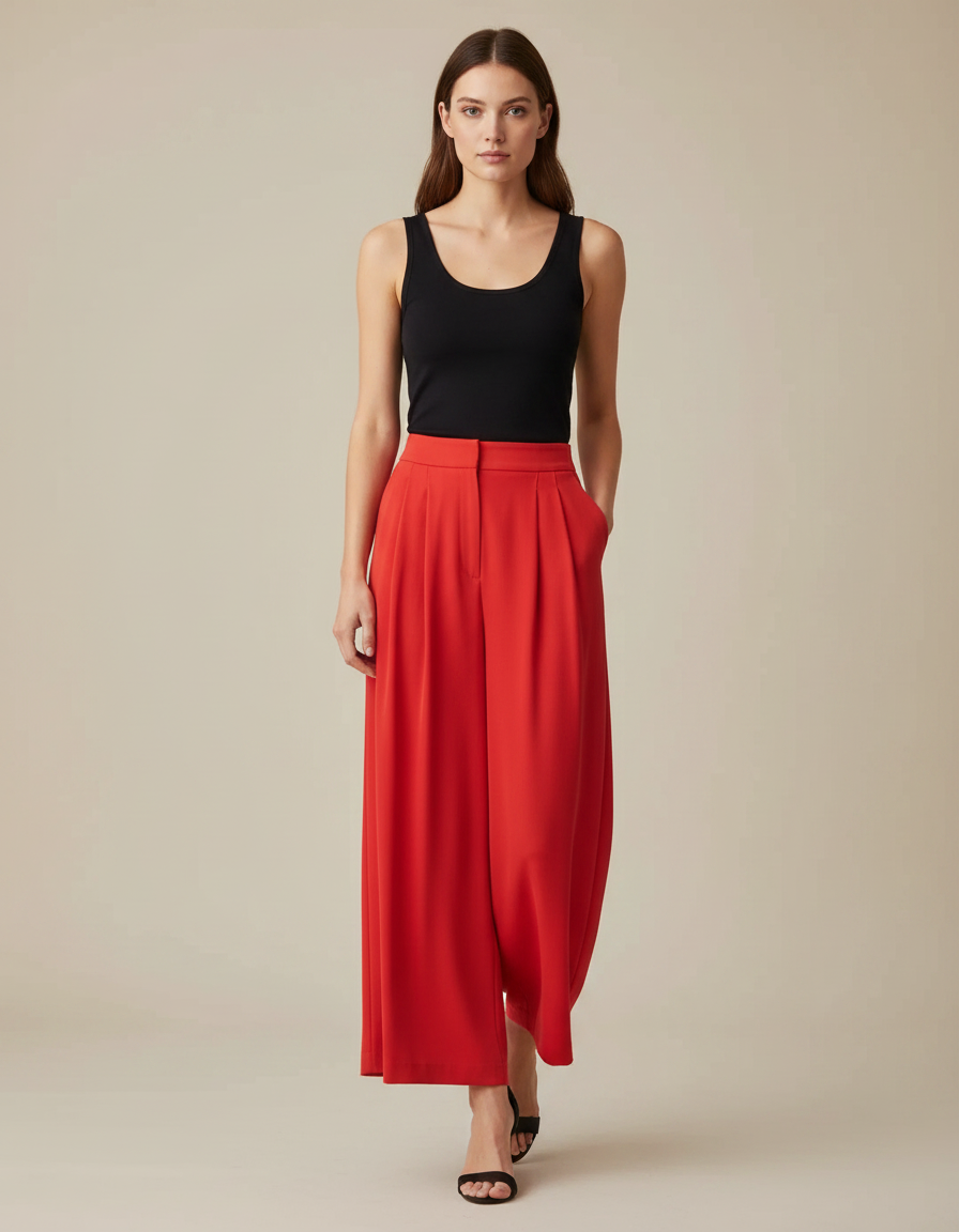 Pantalon Fluide Rouge Ample Plissé Décontracté Élégant - Polyester