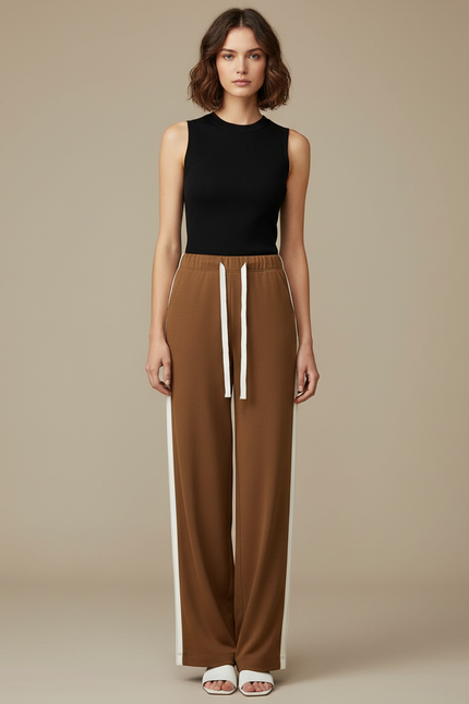 Pantalon Fluide Marron Ample Rayures Blanches Cordon - Molleton