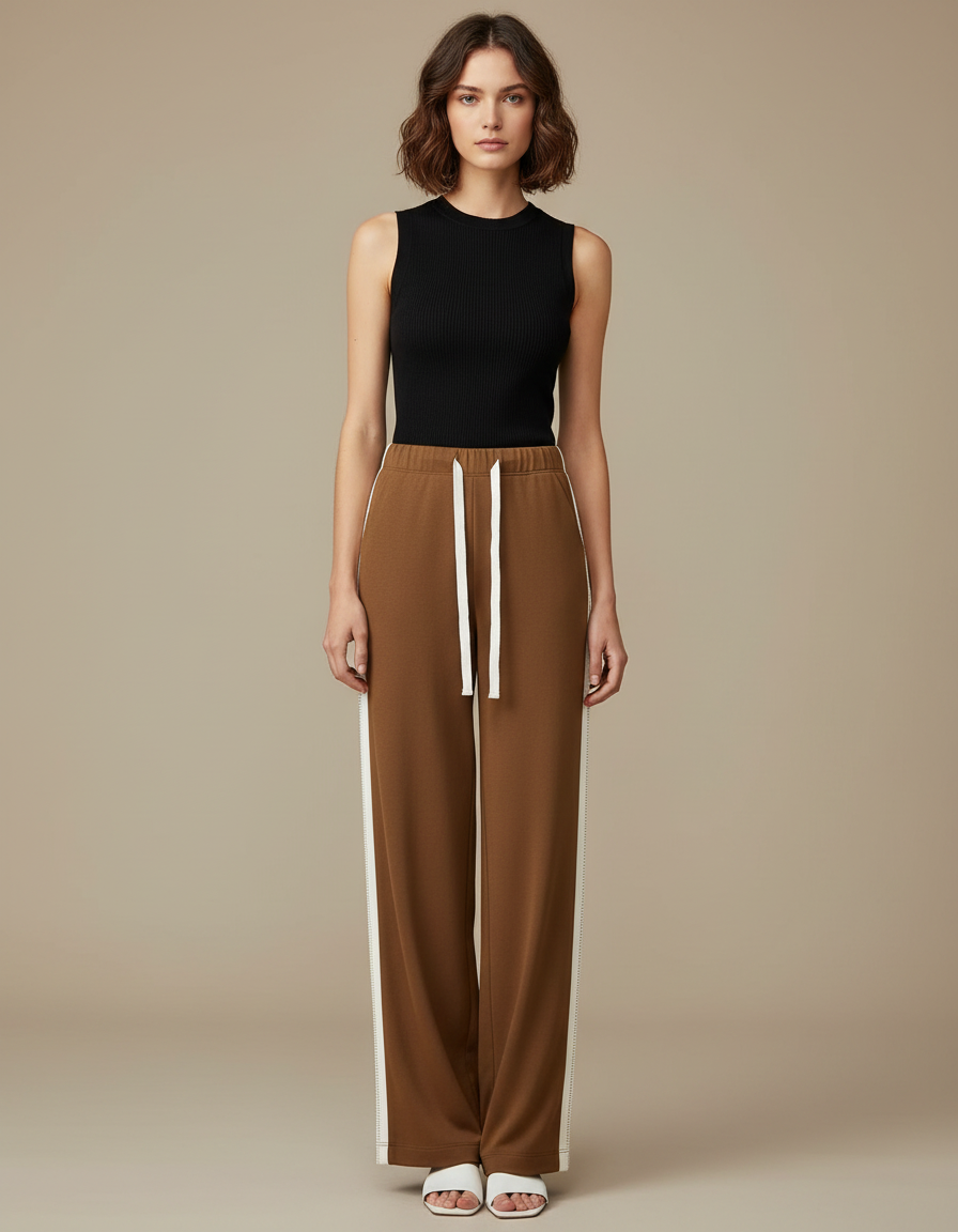 Pantalon Fluide Marron Ample Rayures Blanches Cordon - Molleton