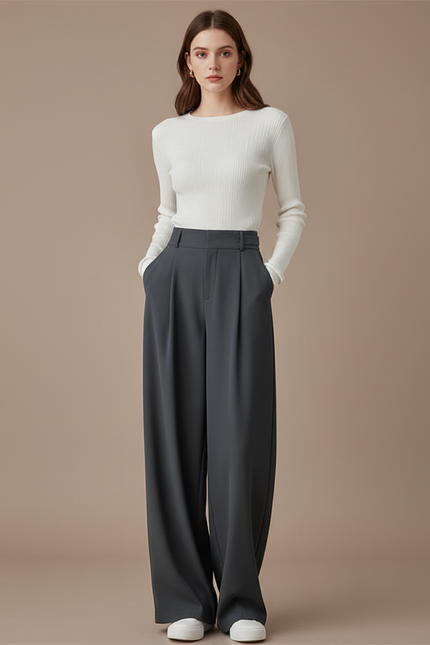 Pantalon Fluide Gris Ample Plissé Décontracté Élégant Femme - Polyester