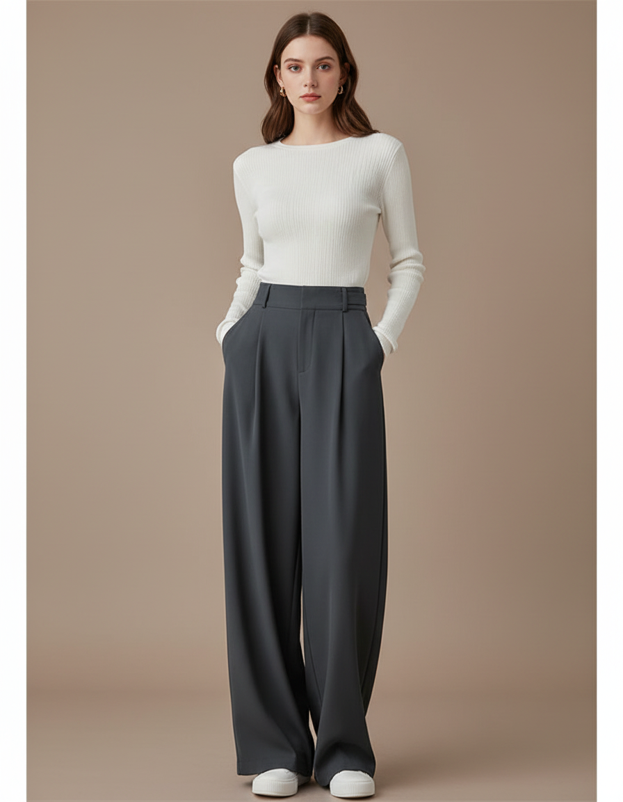 Pantalon Fluide Gris Ample Plissé Décontracté Élégant Femme - Polyester