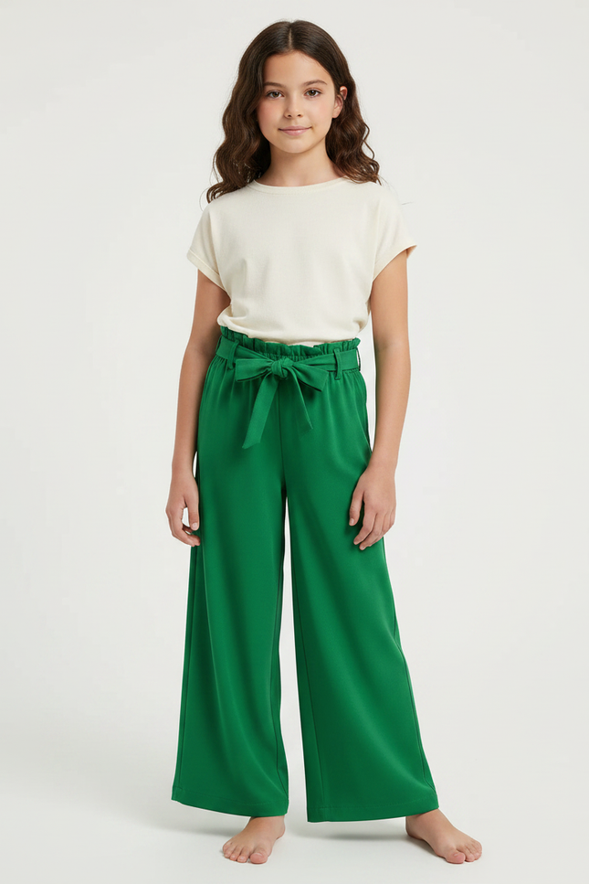 Pantalon Fluide Vert Ample Taille Haute Fille - Viscose