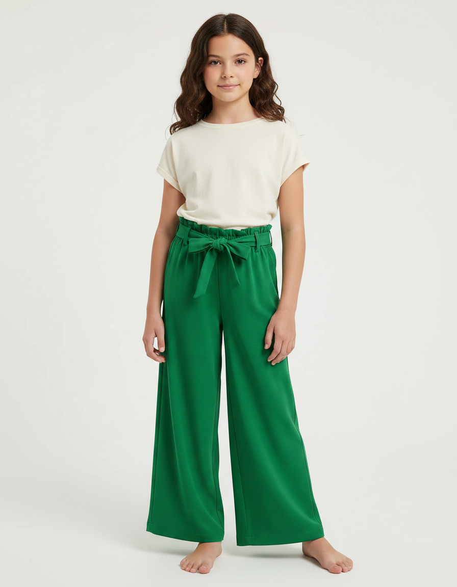 Pantalon Fluide Vert Ample Taille Haute Fille - Viscose