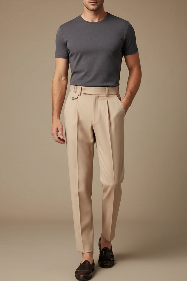 Pantalon Fluide Beige Plissé Droit Élégant Homme - Gabardine