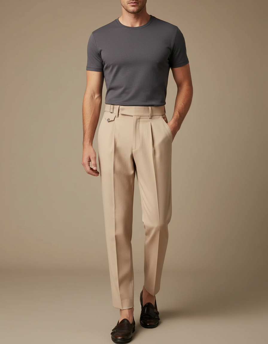 Pantalon Fluide Beige Plissé Droit Élégant Homme - Gabardine