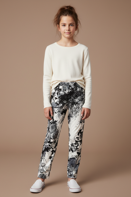 Pantalon Fluide Imprimé Floral Noir Blanc Élastique Enfant - Maille