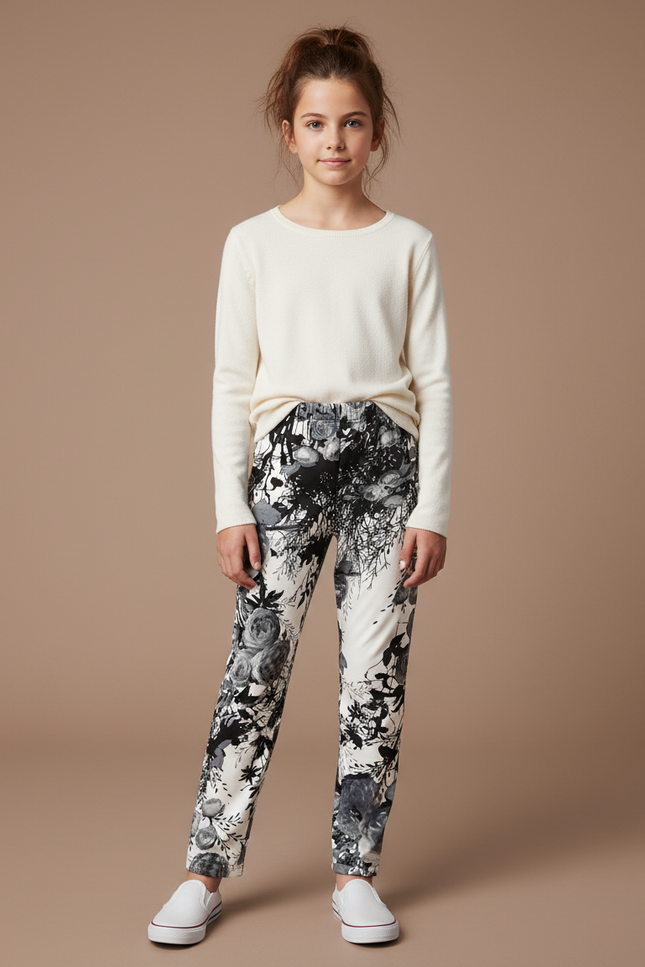 Pantalon Fluide Imprimé Floral Noir Blanc Élastique Enfant - Maille