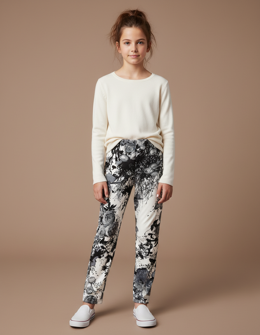 Pantalon Fluide Imprimé Floral Noir Blanc Élastique Enfant - Maille