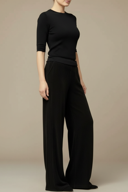 Pantalon Fluide Noir Ample Côtelé Décontracté Femme - Cordé