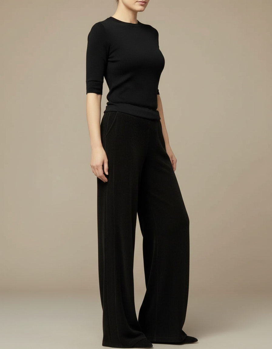 Pantalon Fluide Noir Ample Côtelé Décontracté Femme - Cordé