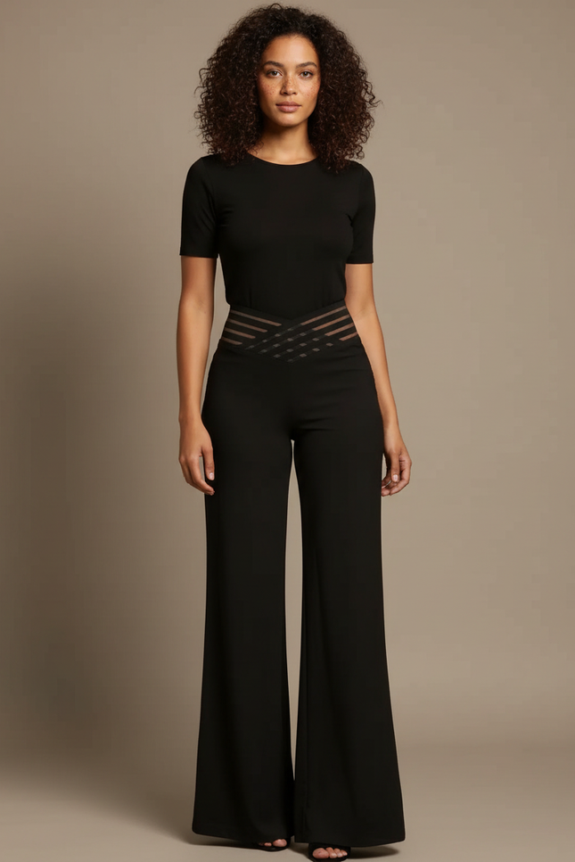 Pantalon Fluide Noir Ample Évasé Élégant Décontracté - Polyester