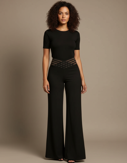 Pantalon Fluide Noir Ample Évasé Élégant Décontracté - Polyester