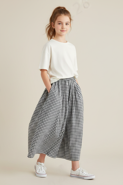 Pantalon Fluide Vichy Noir Blanc Ample Fille - Imprimé Coton