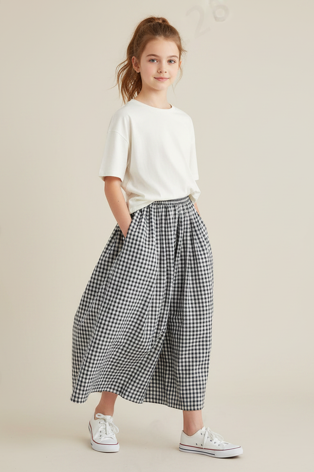 Pantalon Fluide Vichy Noir Blanc Ample Fille - Imprimé Coton