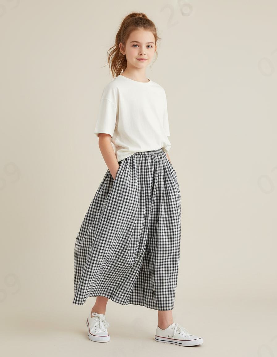 Pantalon Fluide Vichy Noir Blanc Ample Fille - Imprimé Coton