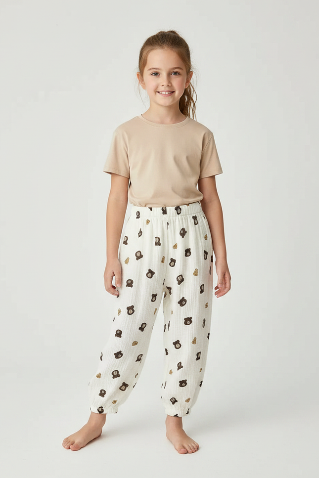 Pantalon Fluide Blanc Imprimé Oursons Muslin Enfant - Coton