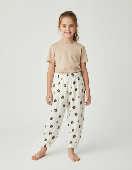 Pantalon Fluide Blanc Imprimé Oursons Muslin Enfant - Coton