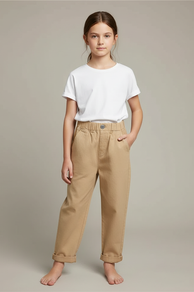 Pantalon Fluide Fille Beige Coupe Ample - Gabardine