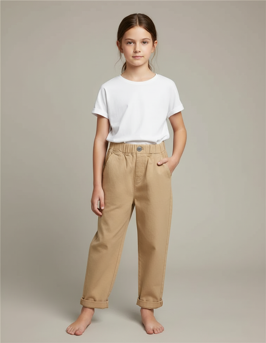 Pantalon Fluide Fille Beige Coupe Ample - Gabardine