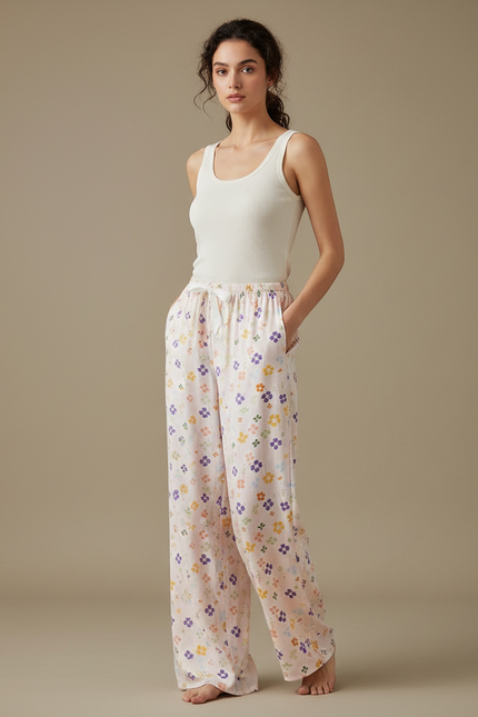 Pantalon Fluide Écru Imprimé Floral Ample Confortable - Lin