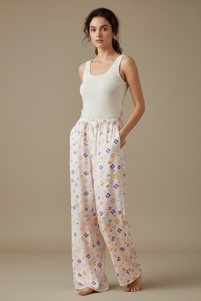 Pantalon Fluide Écru Imprimé Floral Ample Confortable - Lin
