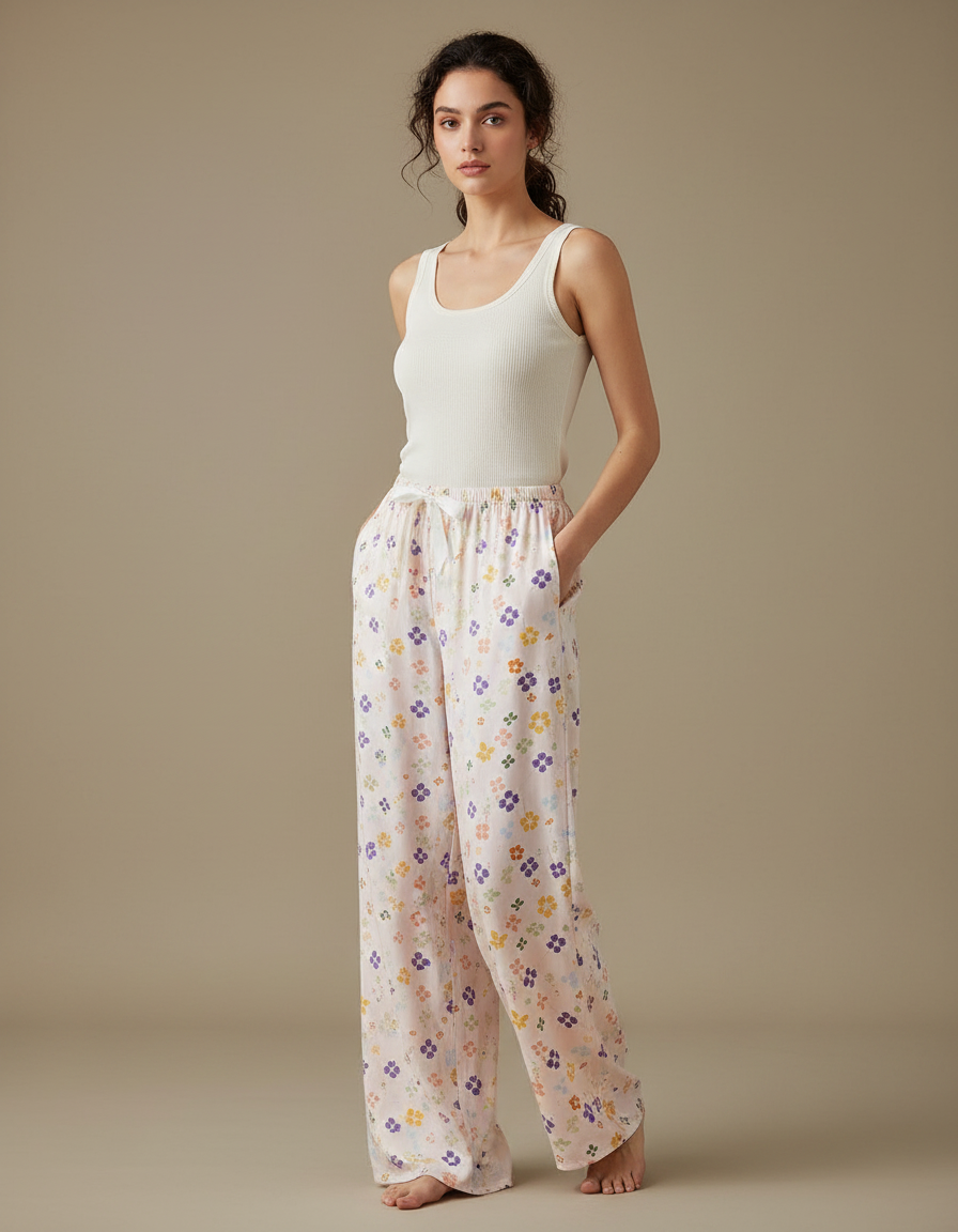Pantalon Fluide Écru Imprimé Floral Ample Confortable - Lin