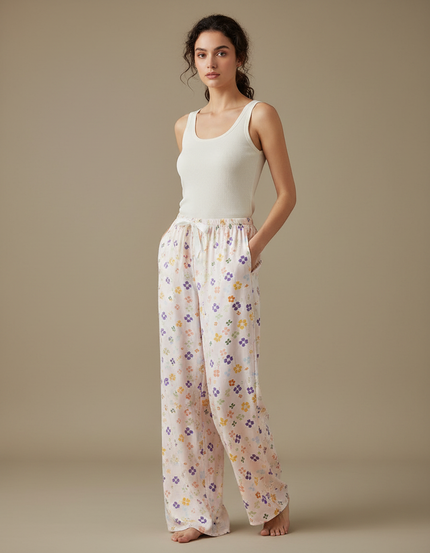 Pantalon Fluide Écru Imprimé Floral Ample Confortable - Lin