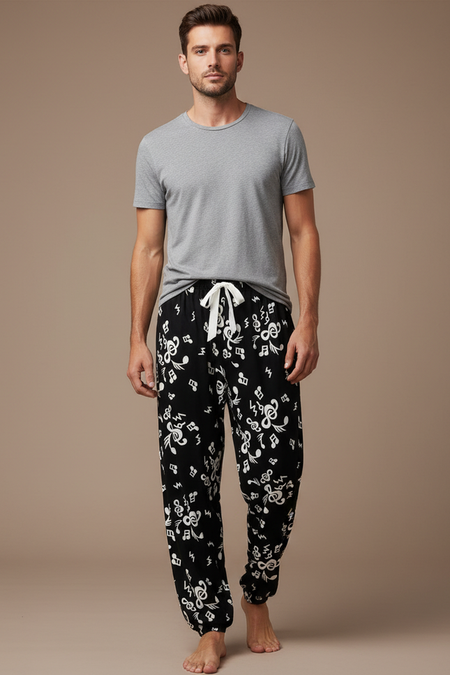 Pantalon Fluide Noir Imprimé Musical Ample Viscose Homme