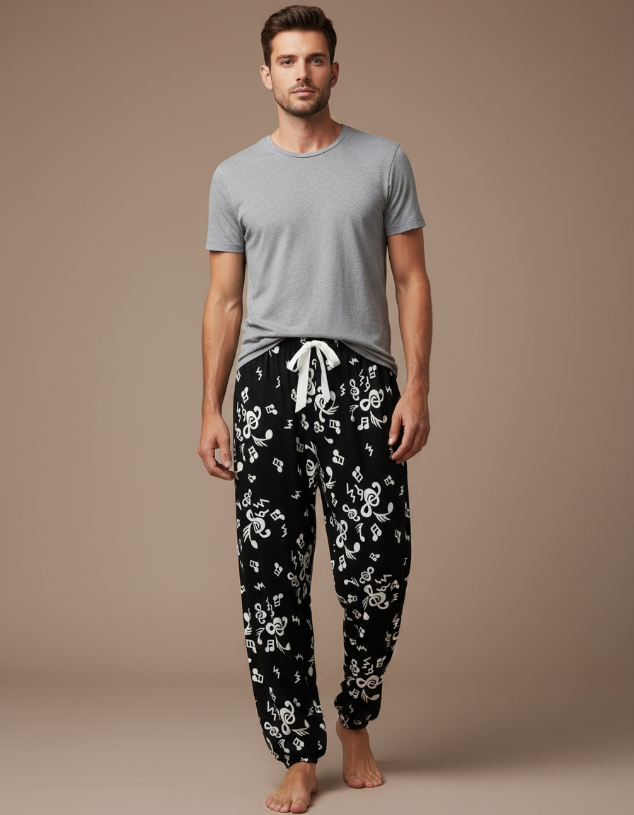 Pantalon Fluide Noir Imprimé Musical Ample Viscose Homme