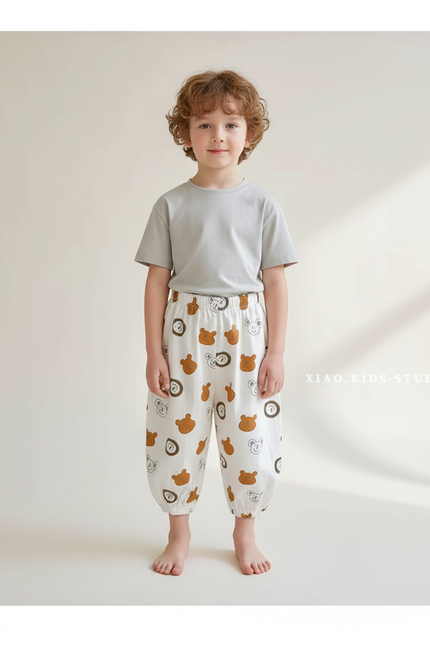 Pantalon Fluide Écru Imprimé Oursons Ample Coton Enfant