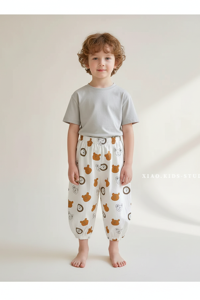 Pantalon Fluide Écru Imprimé Oursons Ample Coton Enfant