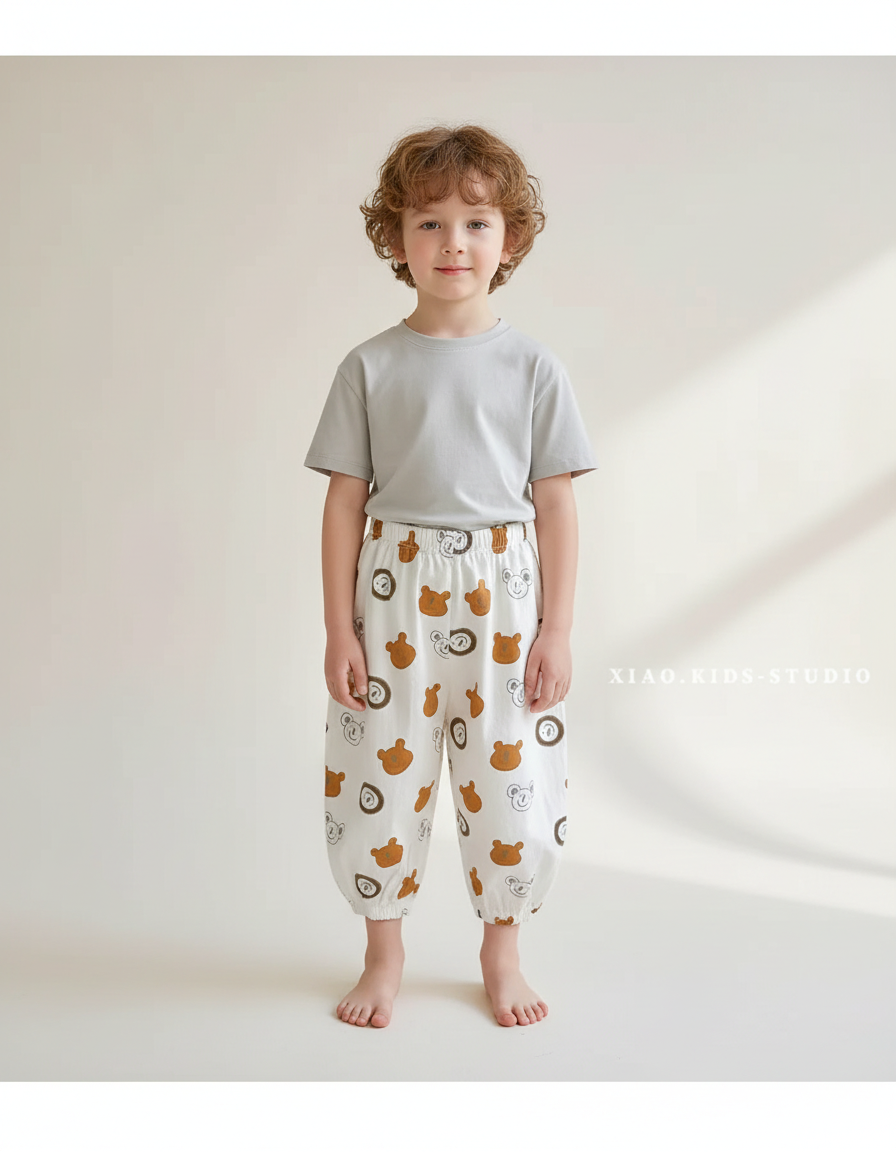 Pantalon Fluide Écru Imprimé Oursons Ample Coton Enfant