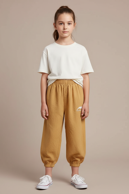 Pantalon Fluide Ocre Coton Ample Resserré Enfant - Camel Molleton