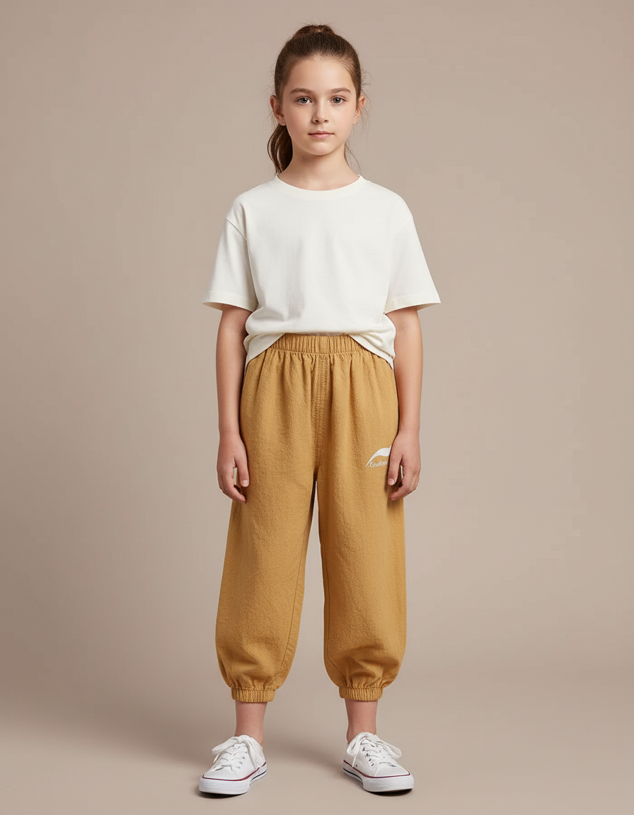 Pantalon Fluide Ocre Coton Ample Resserré Enfant - Camel Molleton
