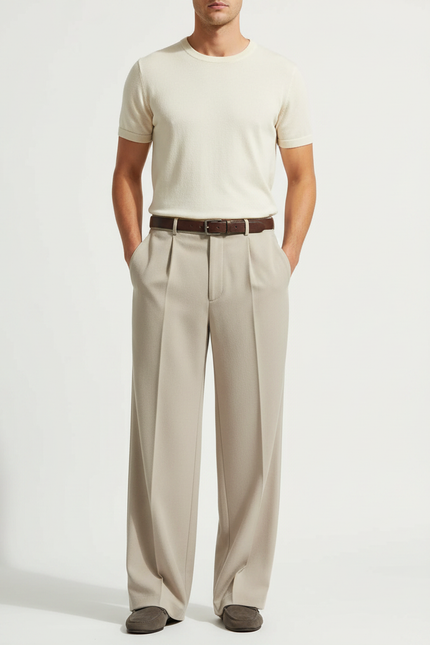Pantalon Fluide Beige Plissé Ample Décontracté Homme - Gabardine