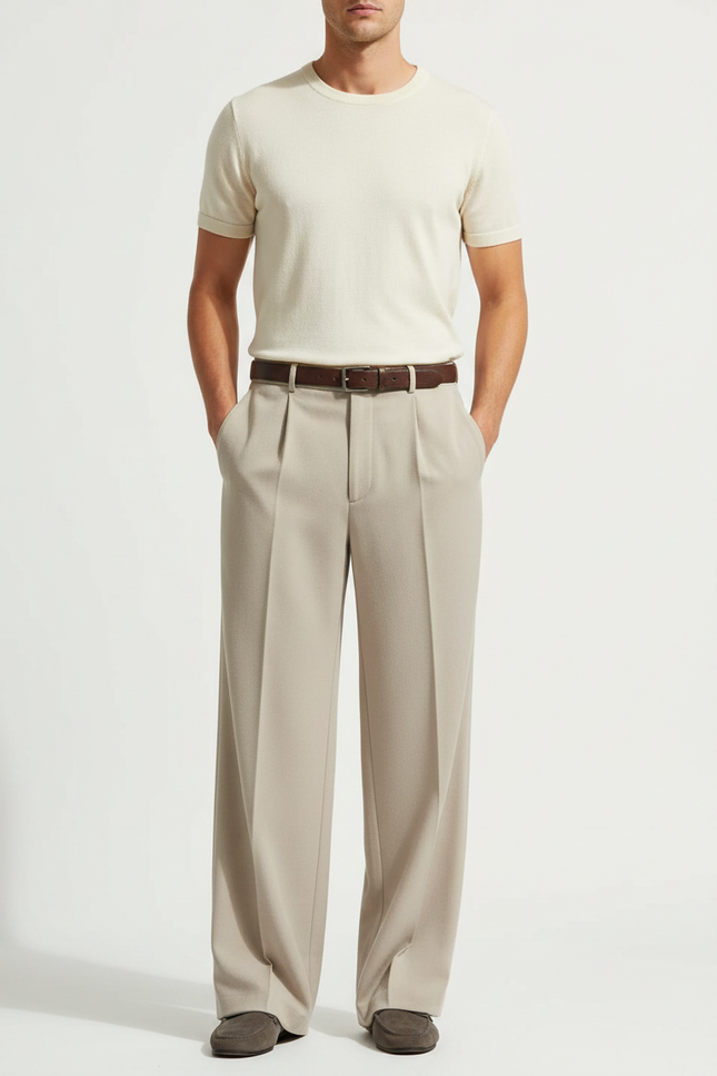 Pantalon Fluide Beige Plissé Ample Décontracté Homme - Gabardine