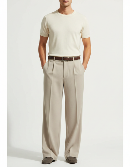 Pantalon Fluide Beige Plissé Ample Décontracté Homme - Gabardine