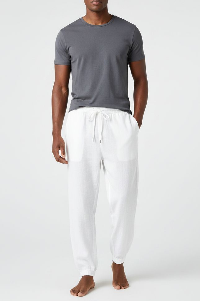 Pantalon Fluide Blanc Lin Ample Décontracté Homme Cordon
